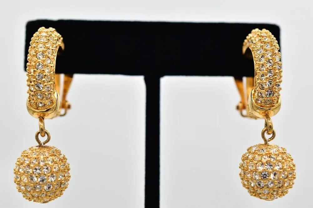 Swaovski Vintage Crystal Clip On Earrings Ball Dangle Gold Swan Signed 80s BinBJ